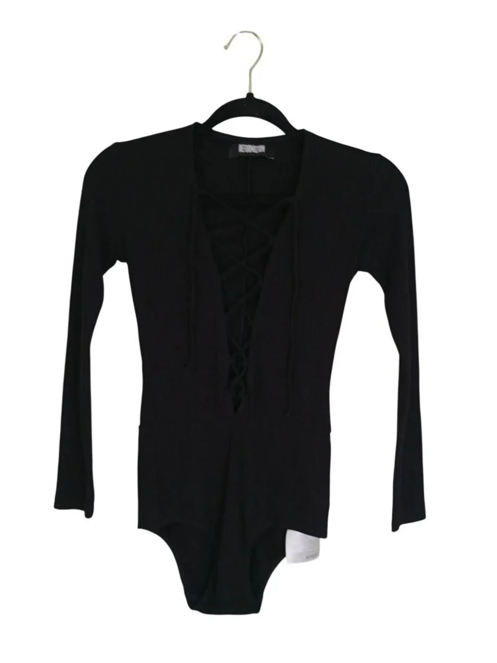 Reformation Black Long Sleeve Ribbed Lace-Up Front Bodysuit XS Womens USA-Made